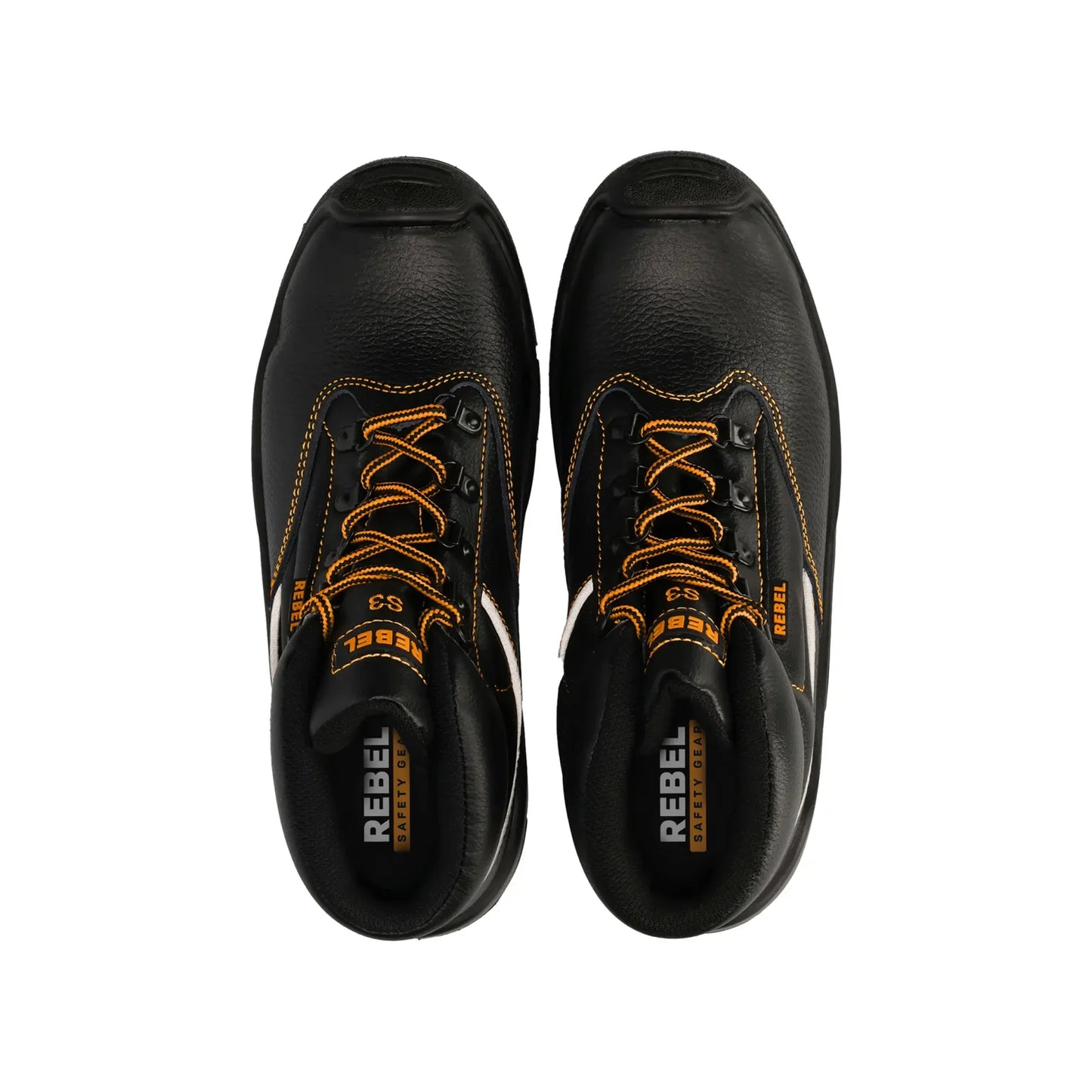 A pair of black leather Rebel safety shoes with orange laces and orange branding details, shown from a top-down view on a white background KPS S3 Chukka Black Boot