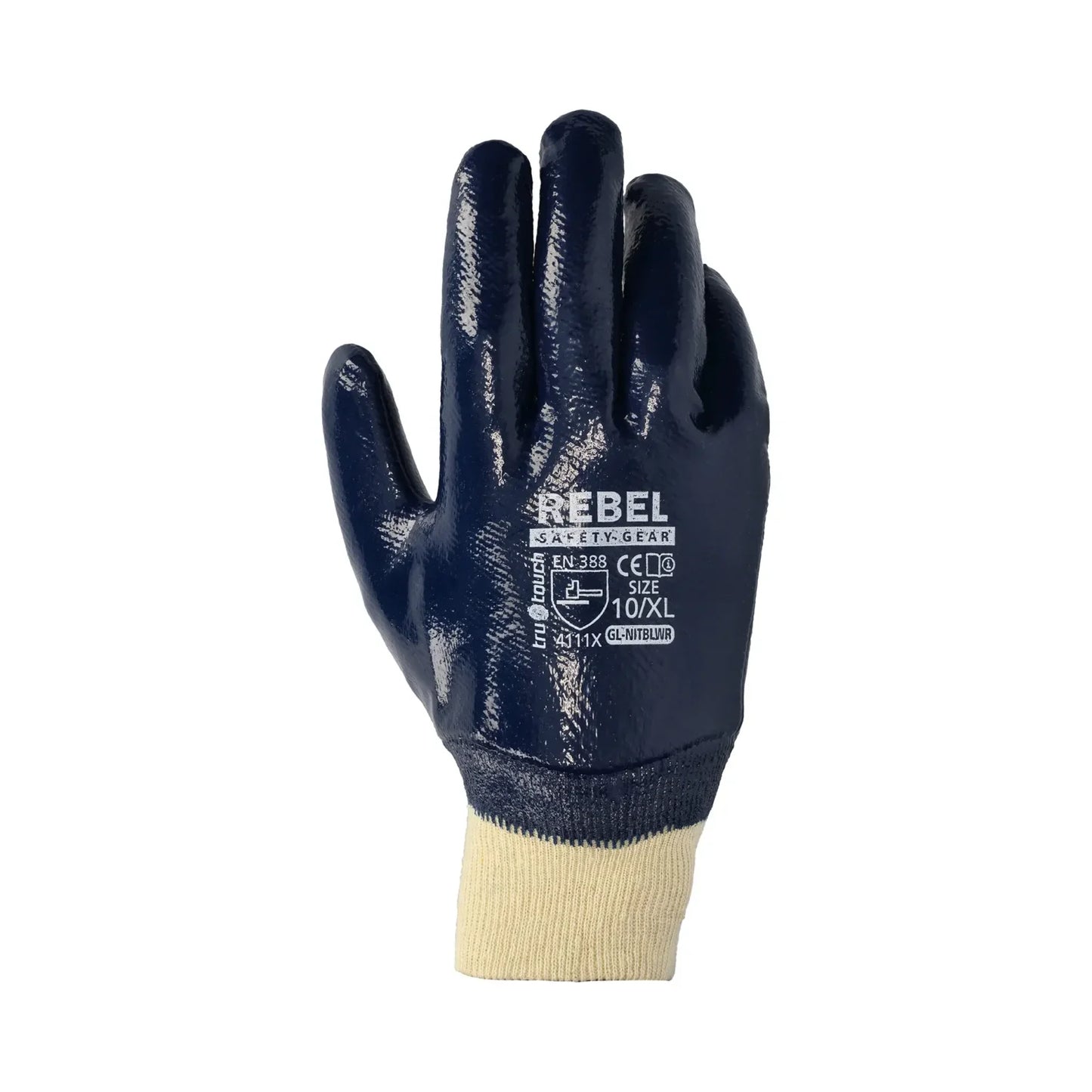 REBEL Tru Touch Blue Nitrile Heavy Duty Knit Wrist Gloves Size XL/10