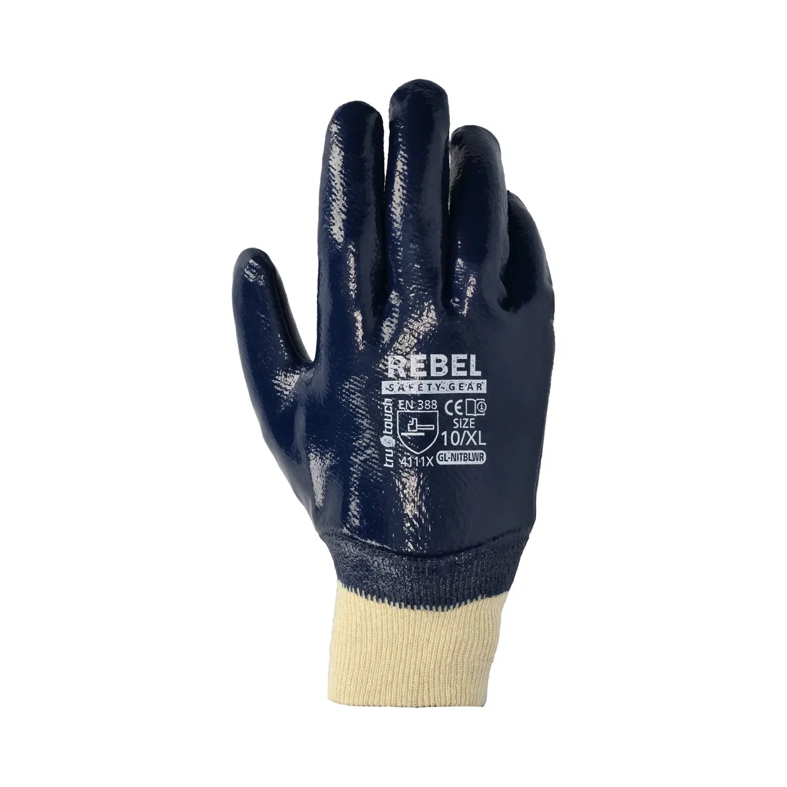 REBEL Tru Touch Blue Nitrile Heavy Duty Knit Wrist Gloves Size XL/10