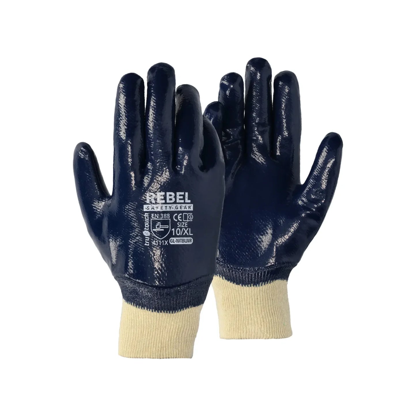 REBEL Tru Touch Blue Nitrile Heavy Duty Knit Wrist Gloves Size XL/10