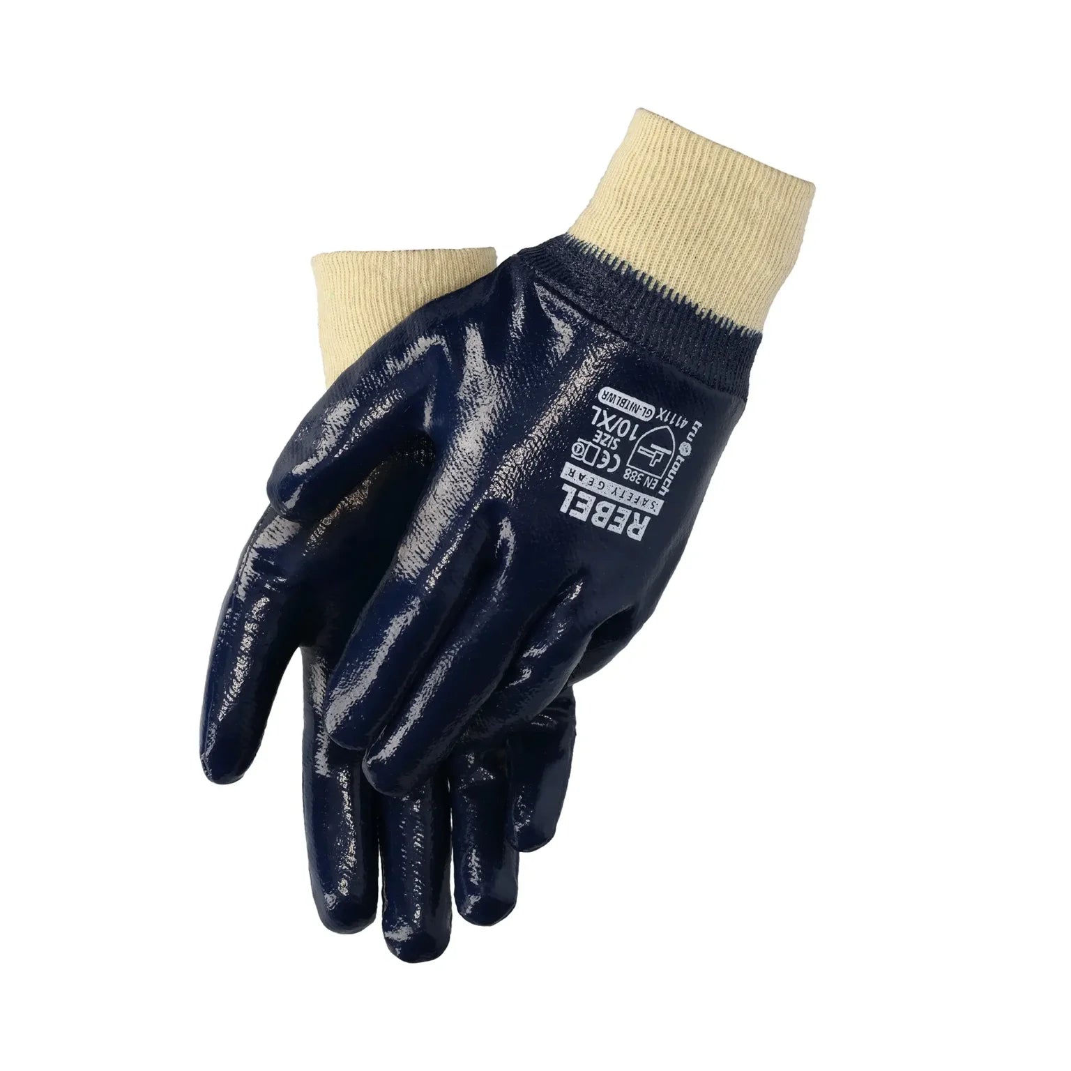 REBEL Tru Touch Blue Nitrile Heavy Duty Knit Wrist Gloves Size XL/10