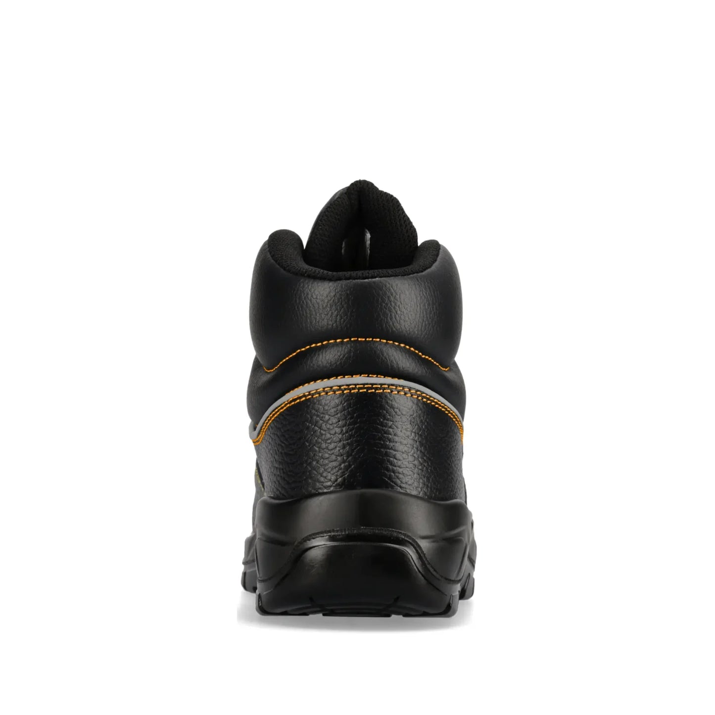 A black leather ankle boot shown from the back, featuring a textured leather upper, black sole, and contrasting gold stitching KPS S3 Chukka Black Boot