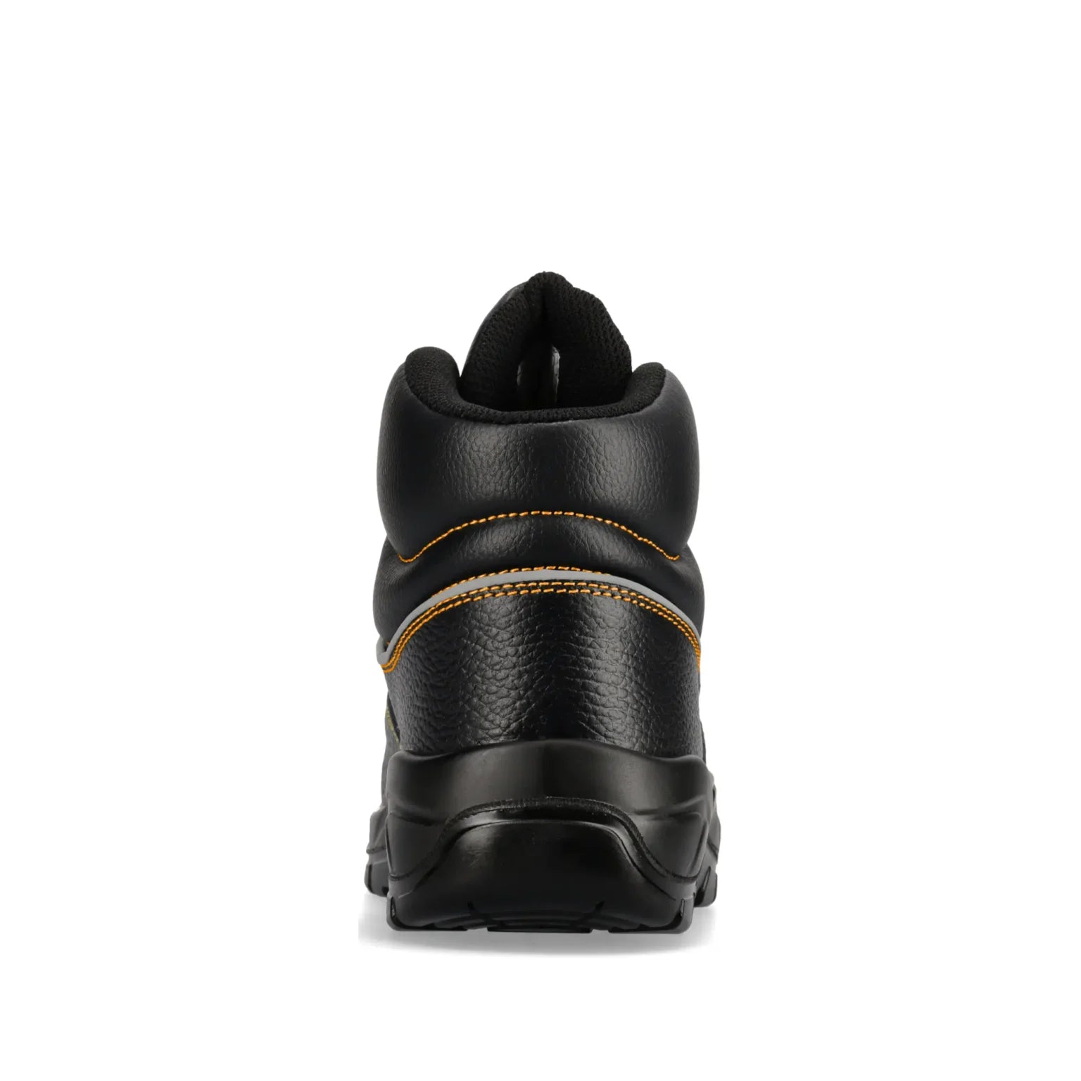A black leather ankle boot shown from the back, featuring a textured leather upper, black sole, and contrasting gold stitching KPS S3 Chukka Black Boot